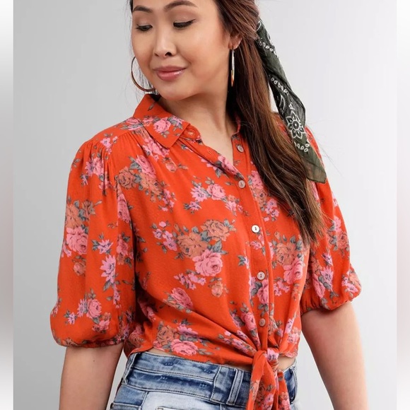 FREE PEOPLE Celia  floral tie shirt sz S - Picture 5 of 9